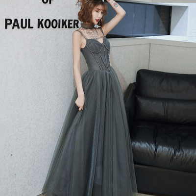 Gray tulle beads long prom dress a line evening dress - Thumbnail 2