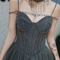 Gray tulle beads long prom dress A line evening dress - Thumbnail 1