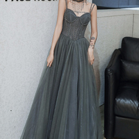 Gray tulle beads long prom dress A line evening dress - Thumbnail 2