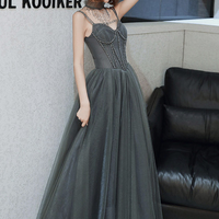 Gray tulle beads long prom dress A line evening dress - Thumbnail 6
