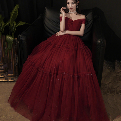 Burgundy tulle long prom dress a line evening dress - Thumbnail 3