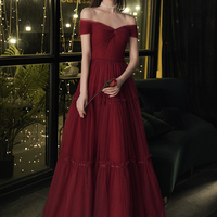 Burgundy tulle long prom dress A line evening dress - Thumbnail 1
