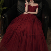 Burgundy tulle long prom dress A line evening dress - Thumbnail 6