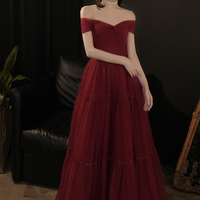 Burgundy tulle long prom dress A line evening dress - Thumbnail 2