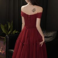 Burgundy tulle long prom dress A line evening dress - Thumbnail 4