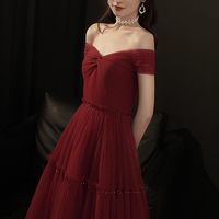 Burgundy tulle long prom dress A line evening dress - Thumbnail 5