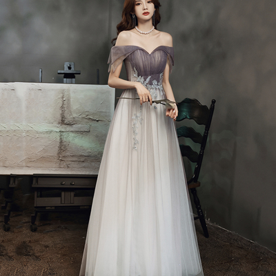 Purple tulle lace long prom dress a line evening dress - Thumbnail 1