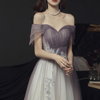 Purple tulle lace long prom dress A line evening dress - Thumbnail 2