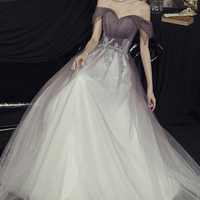 Purple tulle lace long prom dress A line evening dress - Thumbnail 4