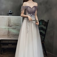 Purple tulle lace long prom dress A line evening dress - Thumbnail 5