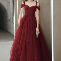 Burgundy tulle long prom dress A line evening dress - Thumbnail 1