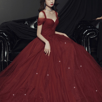 Burgundy tulle long prom dress A line evening dress - Thumbnail 3