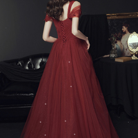 Burgundy tulle long prom dress A line evening dress - Thumbnail 4