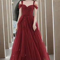 Burgundy tulle long prom dress A line evening dress - Thumbnail 5