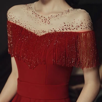 Burgundy beads long a line prom dress evening dress - Thumbnail 3