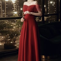 Burgundy beads long A line prom dress evening dress - Thumbnail 1