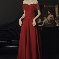 Burgundy beads long A line prom dress evening dress - Thumbnail 2