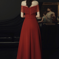 Burgundy beads long A line prom dress evening dress - Thumbnail 3