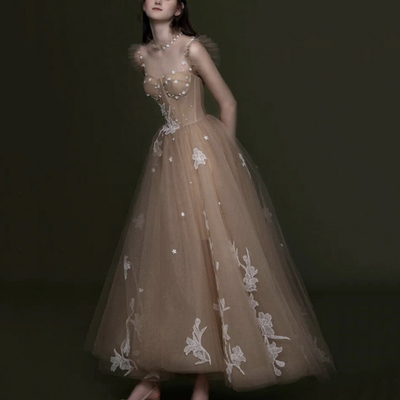 Cute tulle lace tea length prom dress evening dress - Thumbnail 1