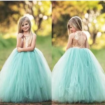 Mint green flower girl dresses with open back - Thumbnail 2