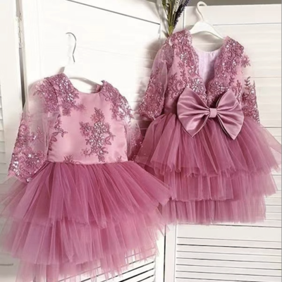 Pink flower girl dresses with sleeves - Thumbnail 3