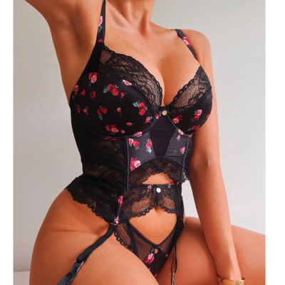 Fashion sexy black floral lace lingerie set