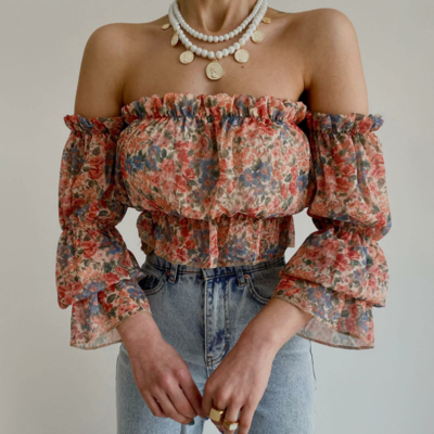 Women's floral one shoulder print chiffon top