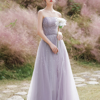 Purple tulle beads long prom dress A line evening dress - Thumbnail 1