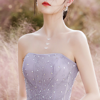 Purple tulle beads long prom dress A line evening dress - Thumbnail 2