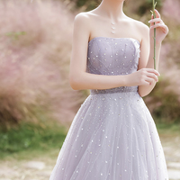 Purple tulle beads long prom dress A line evening dress - Thumbnail 4