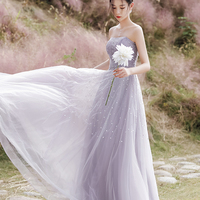 Purple tulle beads long prom dress A line evening dress - Thumbnail 3