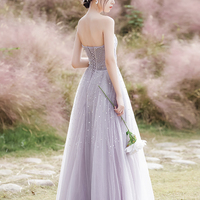 Purple tulle beads long prom dress A line evening dress - Thumbnail 5