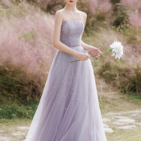 Purple tulle beads long prom dress A line evening dress - Thumbnail 6