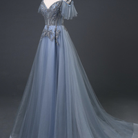 Blue lace beads long prom dress A line evening dress - Thumbnail 1