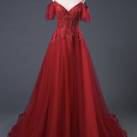 Blue lace beads long prom dress A line evening dress - Thumbnail 2