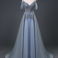 Blue lace beads long prom dress A line evening dress - Thumbnail 4