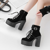 Black Lace Up Chunky Heeled Booties - Thumbnail 3