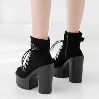 Black Lace Up Chunky Heeled Booties - Thumbnail 2