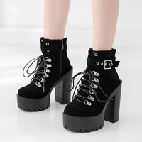 Black Lace Up Chunky Heeled Booties - Thumbnail 1