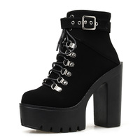 Black Lace Up Chunky Heeled Booties - Thumbnail 4