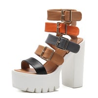 Strappy Chunky Heeled Roman Sandals - Thumbnail 4