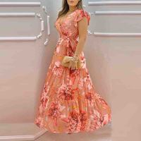 Sweet Printed V-Neck Chiffon Dress - Thumbnail 1