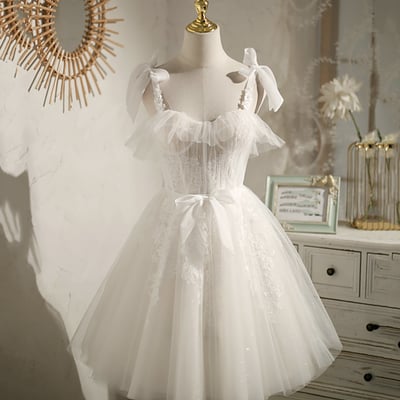 White tulle lace short prom dress homecoming dress - Thumbnail 2