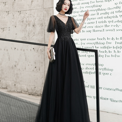 Black v neck tulle beads long prom dress evening dress