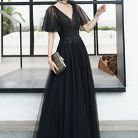 Black v neck tulle beads long prom dress evening dress - Thumbnail 1