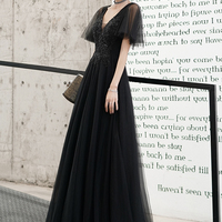 Black v neck tulle beads long prom dress evening dress - Thumbnail 5