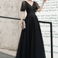 Black v neck tulle beads long prom dress evening dress - Thumbnail 6