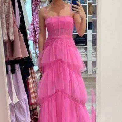 A line hot pink prom dresses long evening gowns - Thumbnail 1