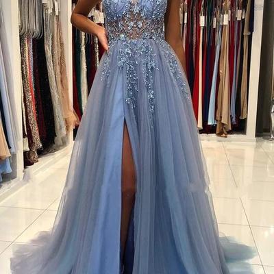 A line v neck gray long prom dresses with beading - Thumbnail 3