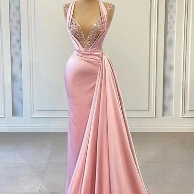 A line pink stain long prom dress with beading - Thumbnail 3